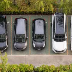 Widok z góry na rząd samochodów na parkingu. Widać odległość miejsc postojowych od granicy działki, otoczonej zielenią.
