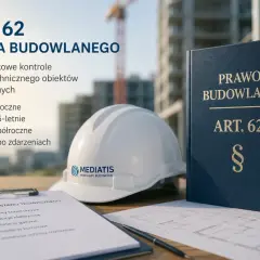 Art. 62 Prawo Budowlane: obowiązkowe kontrole stanu technicznego obiektów budowlanych. Na stole leży biały kask, księga "Prawo Budowlane Art. 62" i lista kontrolna.