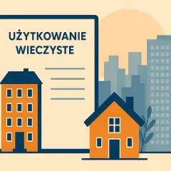 Ilustracja symbolizująca przekształcenie użytkowania wieczystego we własność. Dwa domy, jeden wysoki, drugi niski, na tle dokumentu z napisem "UŻYTKOWANIE WIECZYSTE" i miejskiego krajobrazu.