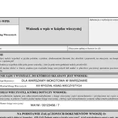 Formularz wniosku o wpis w księdze wieczystej, dotyczący numeru WA1M/00123456/7. Wniosek o wykreślenie hipoteki.