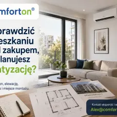 Nowoczesny blok mieszkalny z klimatyzacją. Na pierwszym planie plany mieszkania, notatnik i miarka.