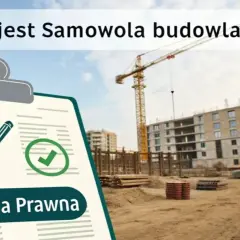 Tablica z tekstem "Czym jest Samowola budowlana" i "Definicja Prawna" na tle placu budowy z dźwigiem i budynkiem wznoszonym bez pozwolenia.