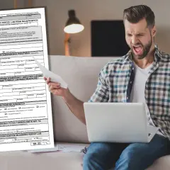 Frustracja przy wypełnianiu druku SD-Z2. Mężczyzna z laptopem i dokumentami wygląda na przytłoczonego.