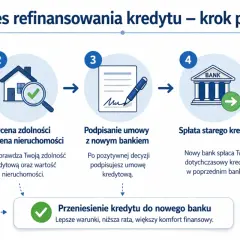 Proces refinansowania kredytu hipotecznego: złożenie wniosku, ocena zdolności, podpisanie umowy, spłata starego kredytu i zobowiązania w nowym banku.