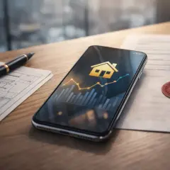 Telefon z wykresem i ikoną domu, obok długopis i dokumenty, symbolizujące wpis do księgi wieczystej.