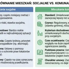 Porównanie mieszkań socjalnych i komunalnych: standard, czynsz, kryterium dochodowe, czas oczekiwania, podstawa prawna, charakter umowy.