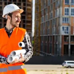 Kierownik budowy w kamizelce odblaskowej z planami. Zastanawiasz się, ile kosztuje kierownik budowy?