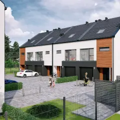 Nowoczesny dom szeregowy z garażami, podjazdem i zielenią. Widać ludzi spacerujących i jeżdżących na rowerach.