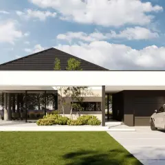 Nowoczesne domy parterowe do 120m2. Elegancka bryła z dużymi przeszkleniami, garażem i zadbanym ogrodem.