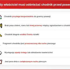 Kiedy właściciel musi odśnieżać chodnik? Lista 6 sytuacji, w tym opady śniegu i zwiększony ruch pieszy.