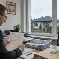 Urzędnik analizuje deklarację DN-1, podczas gdy dron monitoruje teren z powietrza. Na ekranie widoczna mapa działek.