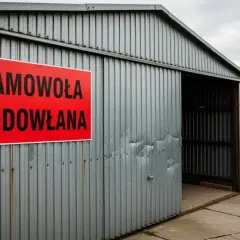 Mężczyzna stoi obok blaszaka z napisem "Samowola budowlana". Kara za postawienie go bez zgłoszenia jest widoczna na jego zmartwionej twarzy.