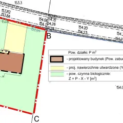 Plan działki z zaznaczonym projektowanym budynkiem, którego powierzchnia zabudowy jest kluczowa. Widać też utwardzone nawierzchnie i obszary biologicznie czynne.