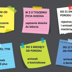 Terminy formalności po porodzie: ubezpieczenie, rejestracja dziecka, wniosek o 500 plus, kosiniakowe, beciokowe. Nie zapomnij o zaświadczeniu o zameldowaniu.