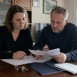 Para omawia dokumenty, być może dotyczące spadku i zachowku. Klucze leżą na stole.