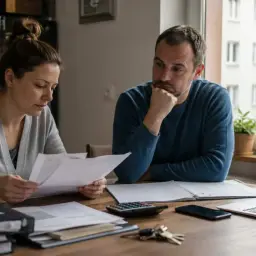 Para omawia dokumenty przy stole, planując podział majątku. Na blacie leżą laptop, kalkulator i klucze.