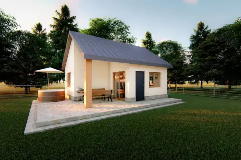 Uroczy dom 35m2 z bali, z tarasem, beczką do kąpieli i grillem, otoczony zielenią. Idealne miejsce na relaks.