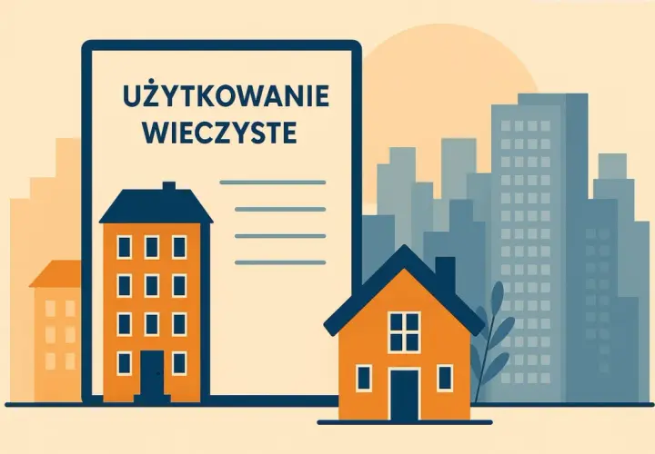 Ilustracja symbolizująca przekształcenie użytkowania wieczystego we własność. Dwa domy, jeden wysoki, drugi niski, na tle dokumentu z napisem "UŻYTKOWANIE WIECZYSTE" i miejskiego krajobrazu.