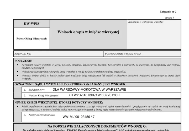 Formularz wniosku o wpis w księdze wieczystej, dotyczący numeru WA1M/00123456/7. Wniosek o wykreślenie hipoteki.