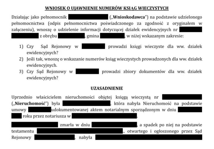 Wniosek o ujawnienie numerów ksiąg wieczystych. Jak założyć księgę wieczystą? Dokument zawiera pytania o prowadzenie ksiąg wieczystych i zbiorów dokumentów.