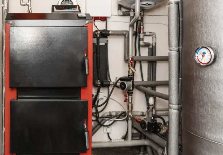 Kotłownia z piecem i skomplikowaną instalacją hydrauliczną. Widoczna wentylacja w kotłowni zapewnia bezpieczeństwo.