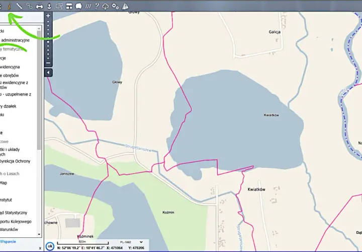Cyfrowa mapa ewidencyjna z zaznaczonymi granicami działek i inwestycji, widoczne rzeki Warta i zbiorniki wodne.