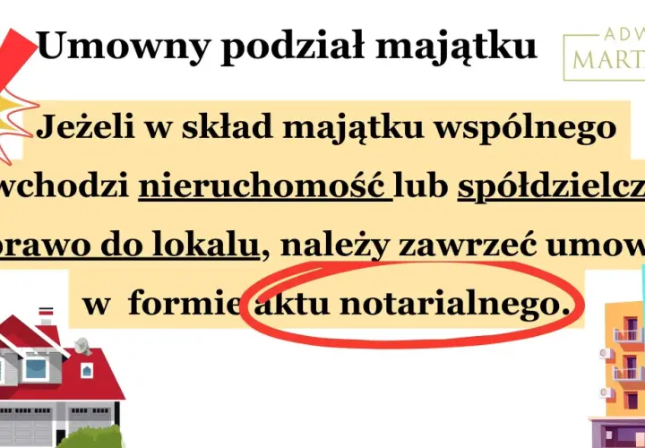 Umowny podział majątku po rozwodzie, gdy wchodzi nieruchomość lub spółdzielcze prawo do lokalu, wymaga aktu notarialnego.