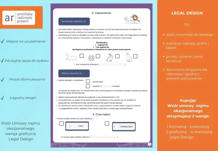 Graficzna wersja umowy najmu okazjonalnego z intuicyjnymi opcjami i prostymi sformułowaniami.