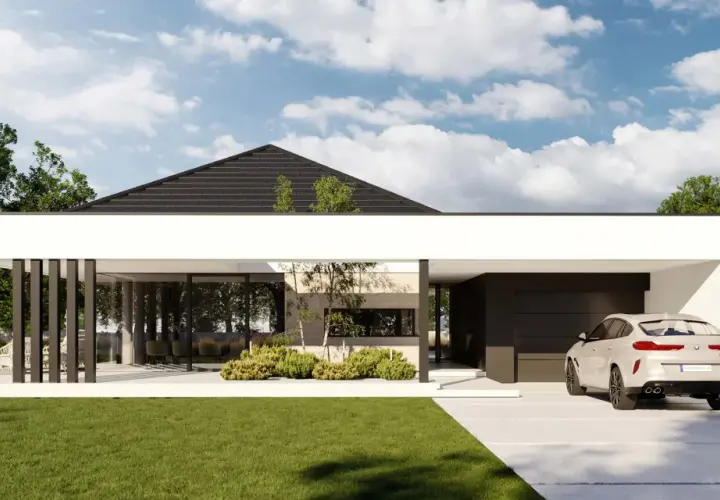 Nowoczesne domy parterowe do 120m2. Elegancka bryła z dużymi przeszkleniami, garażem i zadbanym ogrodem.