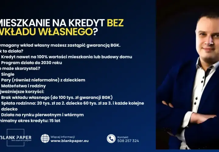 Mężczyzna w garniturze zachęca do skorzystania z kredytu rodzinnego na mieszkanie bez wkładu własnego. Program działa do 2030 roku.