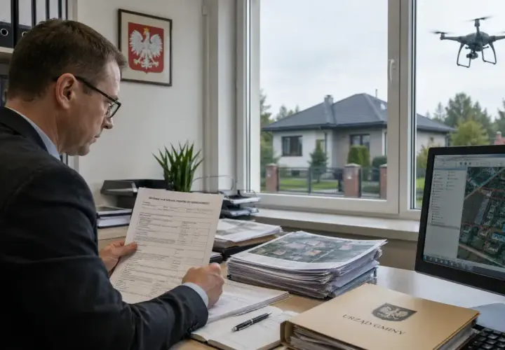 Urzędnik analizuje deklarację DN-1, podczas gdy dron monitoruje teren z powietrza. Na ekranie widoczna mapa działek.
