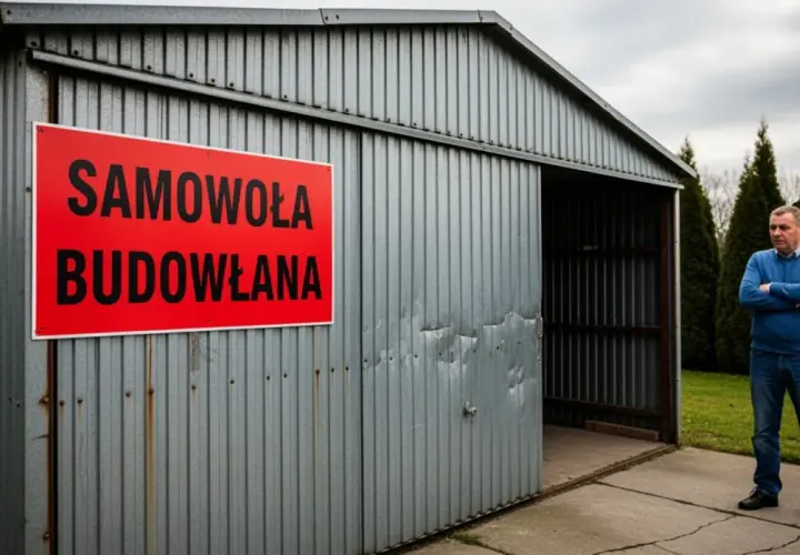 Mężczyzna stoi obok blaszaka z napisem "Samowola budowlana". Kara za postawienie go bez zgłoszenia jest widoczna na jego zmartwionej twarzy.