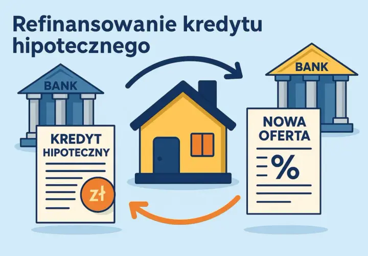 Ilustracja pokazuje przeniesienie kredytu hipotecznego. Dom symbolizuje właściciela, który przenosi swój kredyt z jednego banku do drugiego, szukając lepszej oferty.