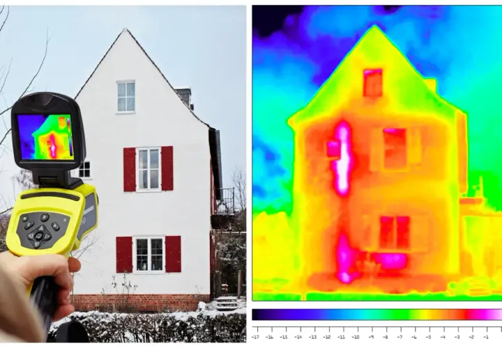Kamera termowizyjna pokazuje dom z widocznymi mostkami termicznymi, gdzie ciepło ucieka na zewnątrz.