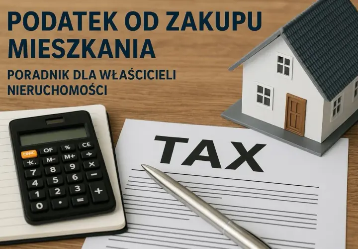 Model domu, kalkulator i dokument "TAX" symbolizują podatek od zakupu nieruchomości. Poradnik dla właścicieli.