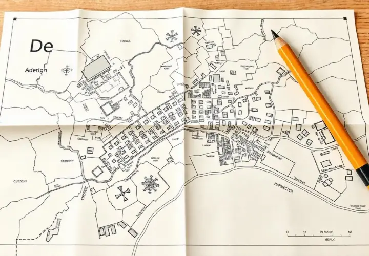 Składana mapa zasadnicza z zaznaczonymi budynkami, drogami i rzeką. Obok leży żółty ołówek, gotowy do naniesienia kolejnych szczegółów.