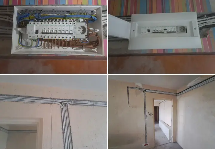 Nowe przewody elektryczne i rozdzielnica w trakcie wymiany instalacji elektrycznej.