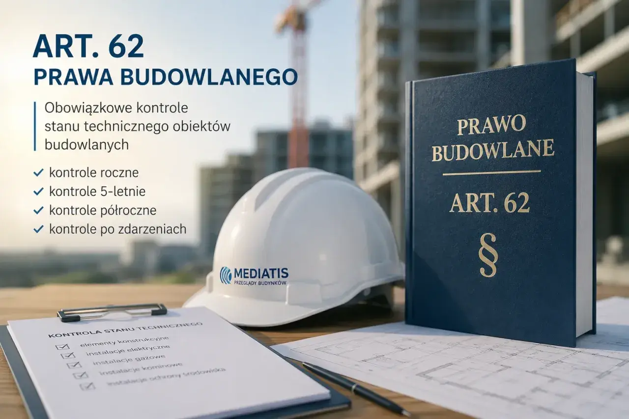 Art. 62 Prawo Budowlane: obowiązkowe kontrole stanu technicznego obiektów budowlanych. Na stole leży biały kask, księga "Prawo Budowlane Art. 62" i lista kontrolna.