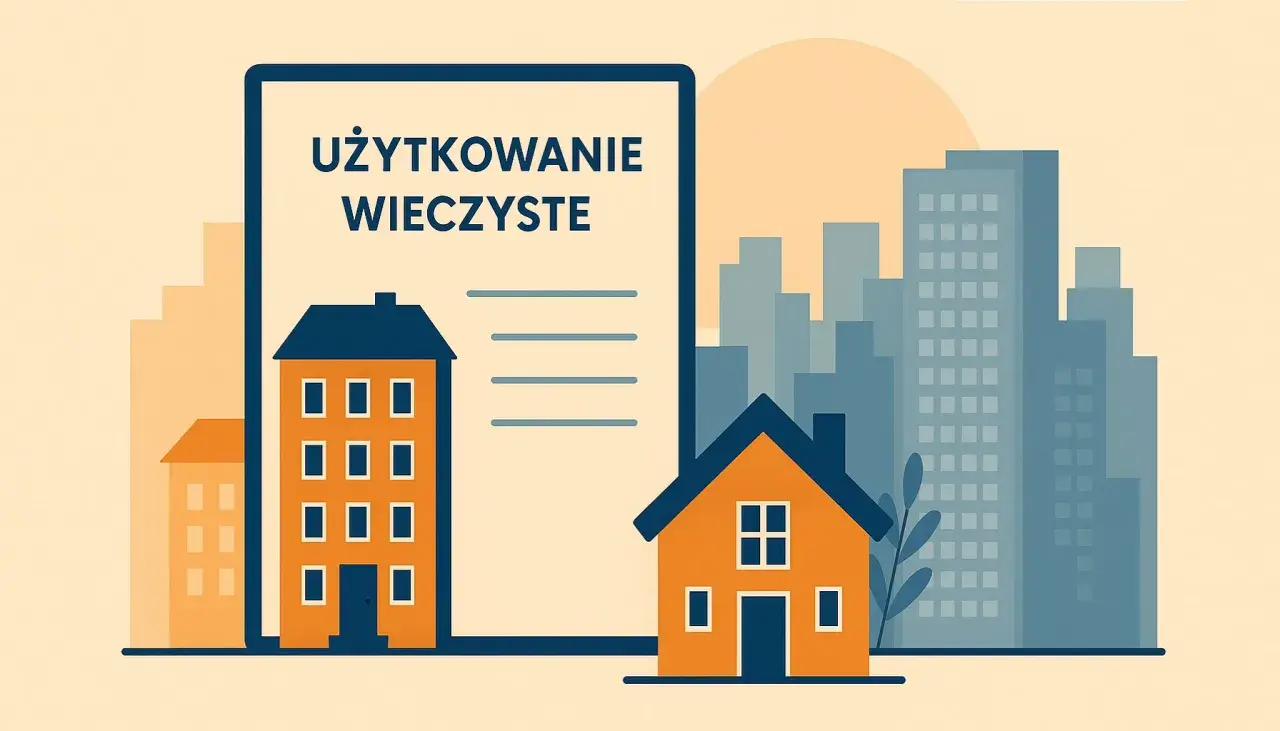 Ilustracja symbolizująca przekształcenie użytkowania wieczystego we własność. Dwa domy, jeden wysoki, drugi niski, na tle dokumentu z napisem "UŻYTKOWANIE WIECZYSTE" i miejskiego krajobrazu.