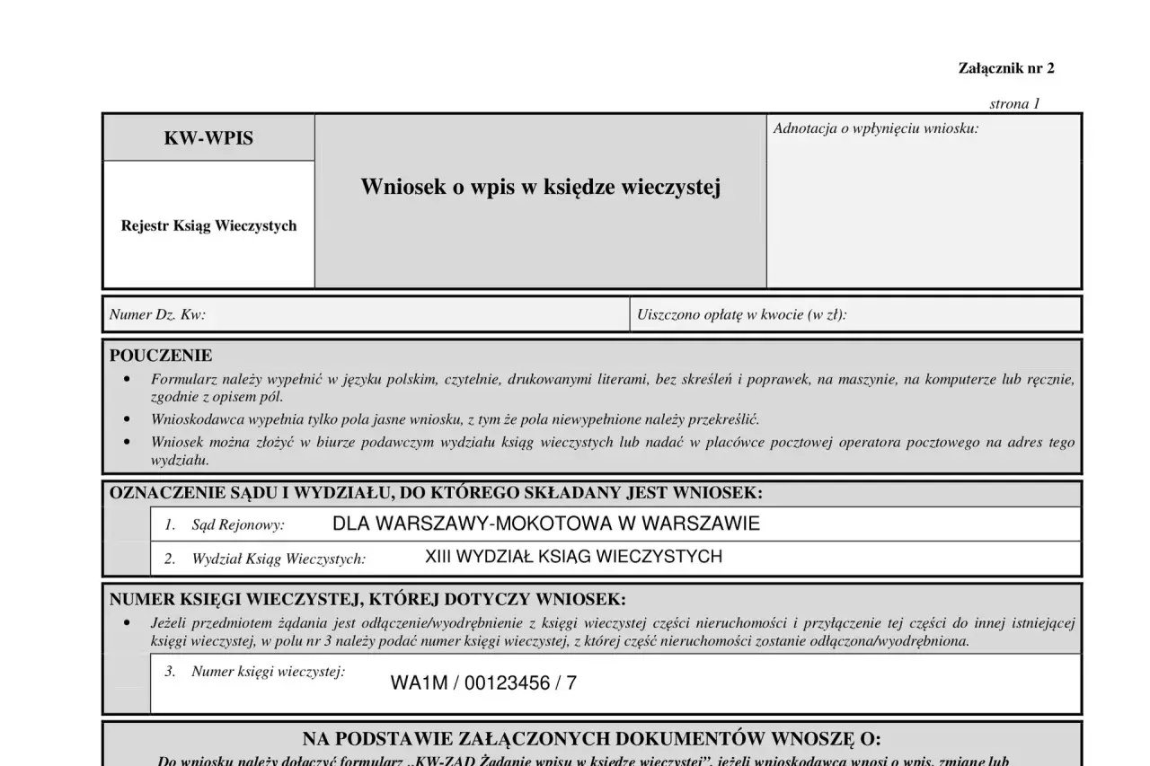 Formularz wniosku o wpis w księdze wieczystej, dotyczący numeru WA1M/00123456/7. Wniosek o wykreślenie hipoteki.
