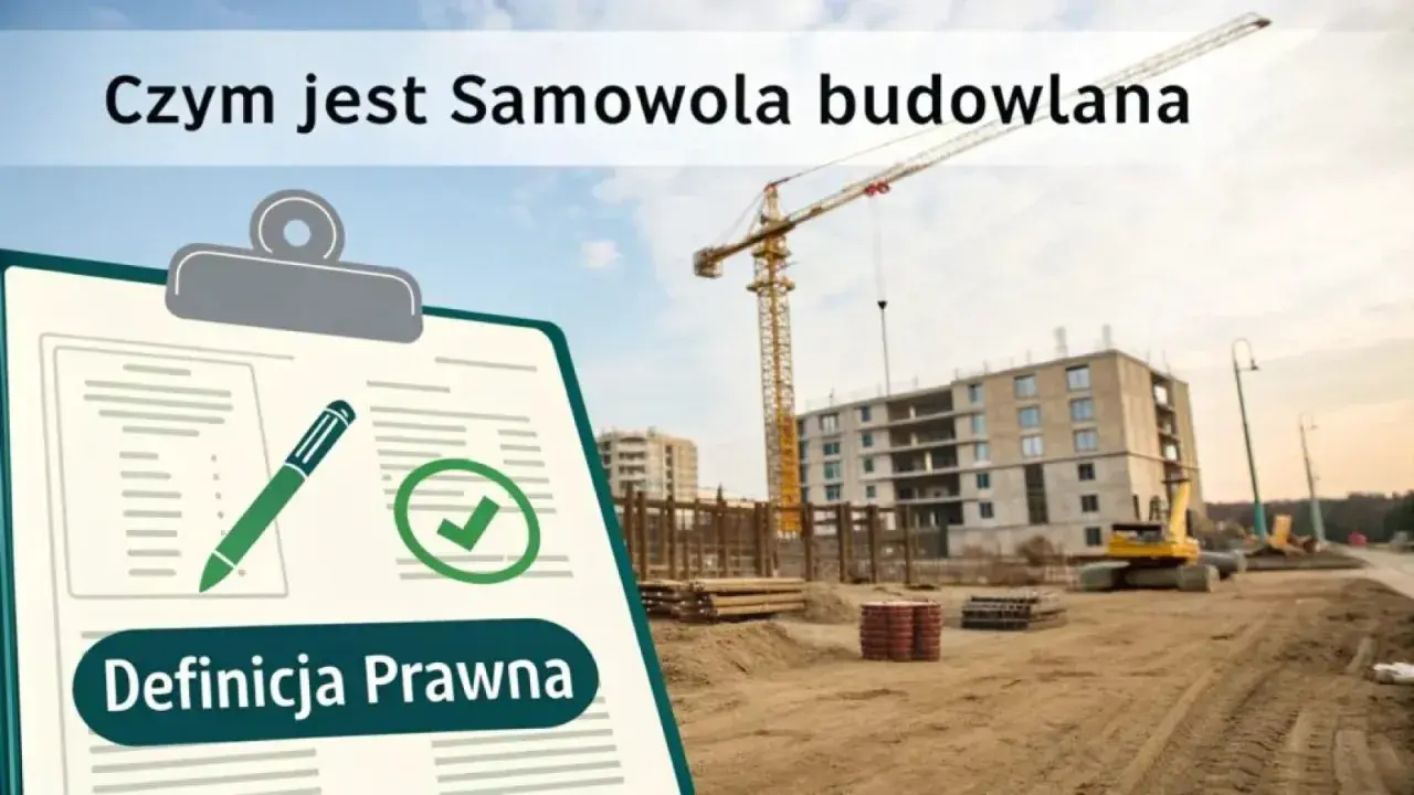 Tablica z tekstem "Czym jest Samowola budowlana" i "Definicja Prawna" na tle placu budowy z dźwigiem i budynkiem wznoszonym bez pozwolenia.