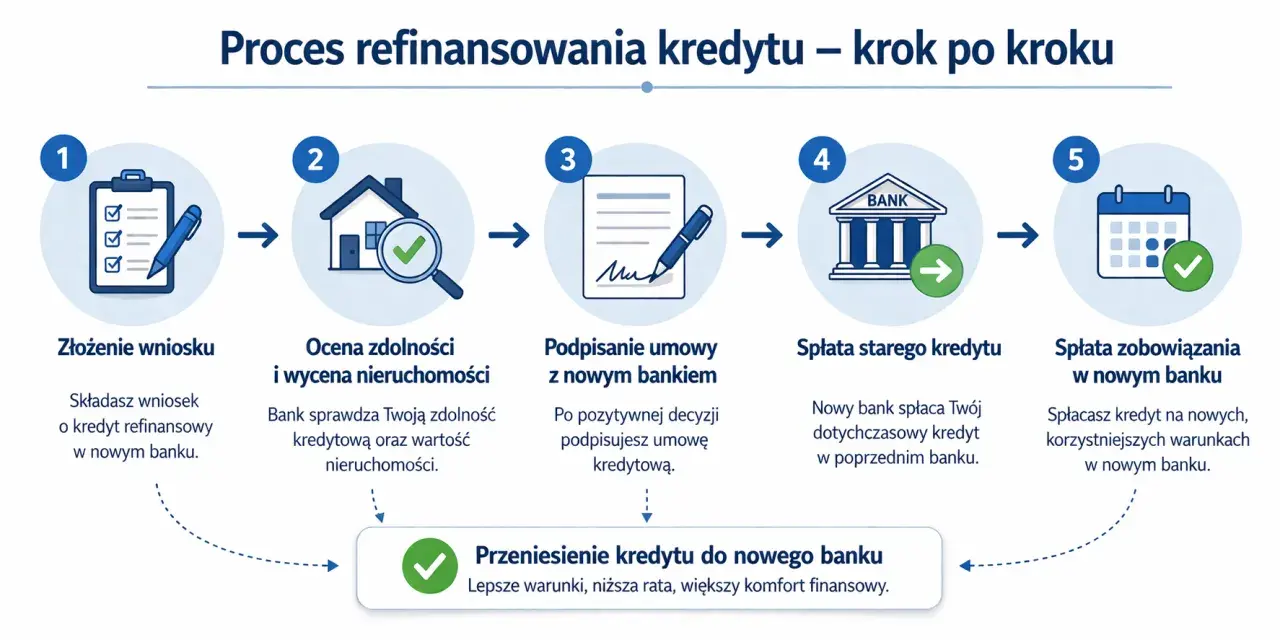 Proces refinansowania kredytu hipotecznego: złożenie wniosku, ocena zdolności, podpisanie umowy, spłata starego kredytu i zobowiązania w nowym banku.