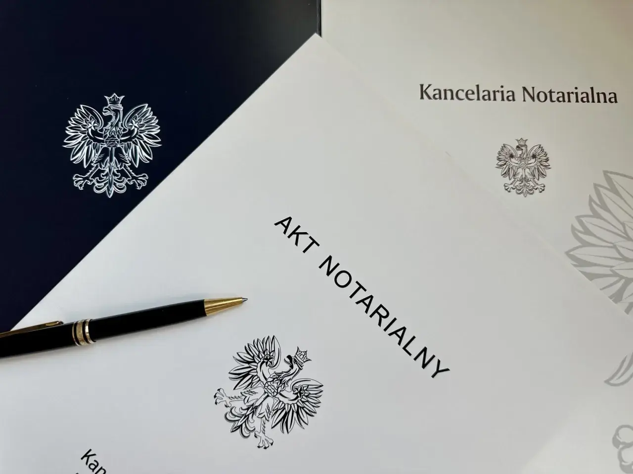Na stole leży długopis obok dokumentu z napisem "AKT NOTARIALNY" i godłem Polski.