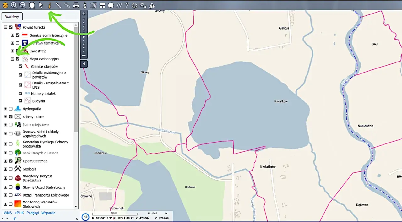 Cyfrowa mapa ewidencyjna z zaznaczonymi granicami działek i inwestycji, widoczne rzeki Warta i zbiorniki wodne.