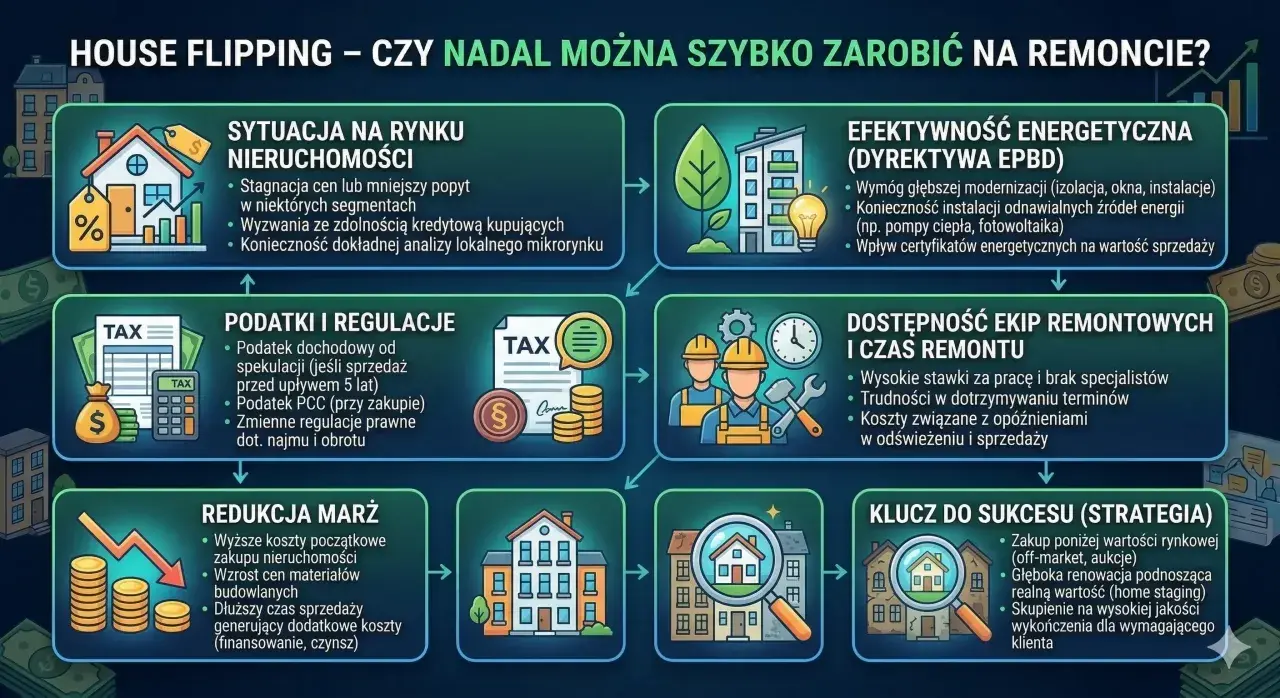 Inwestowanie w nieruchomości przez house flipping: analiza rynku, podatki, remonty i klucz do sukcesu.
