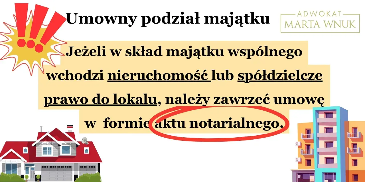 Umowny podział majątku po rozwodzie, gdy wchodzi nieruchomość lub spółdzielcze prawo do lokalu, wymaga aktu notarialnego.