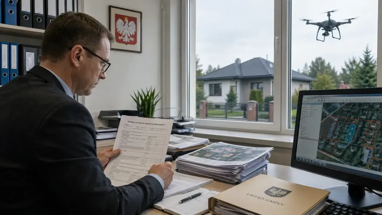 Urzędnik analizuje deklarację DN-1, podczas gdy dron monitoruje teren z powietrza. Na ekranie widoczna mapa działek.