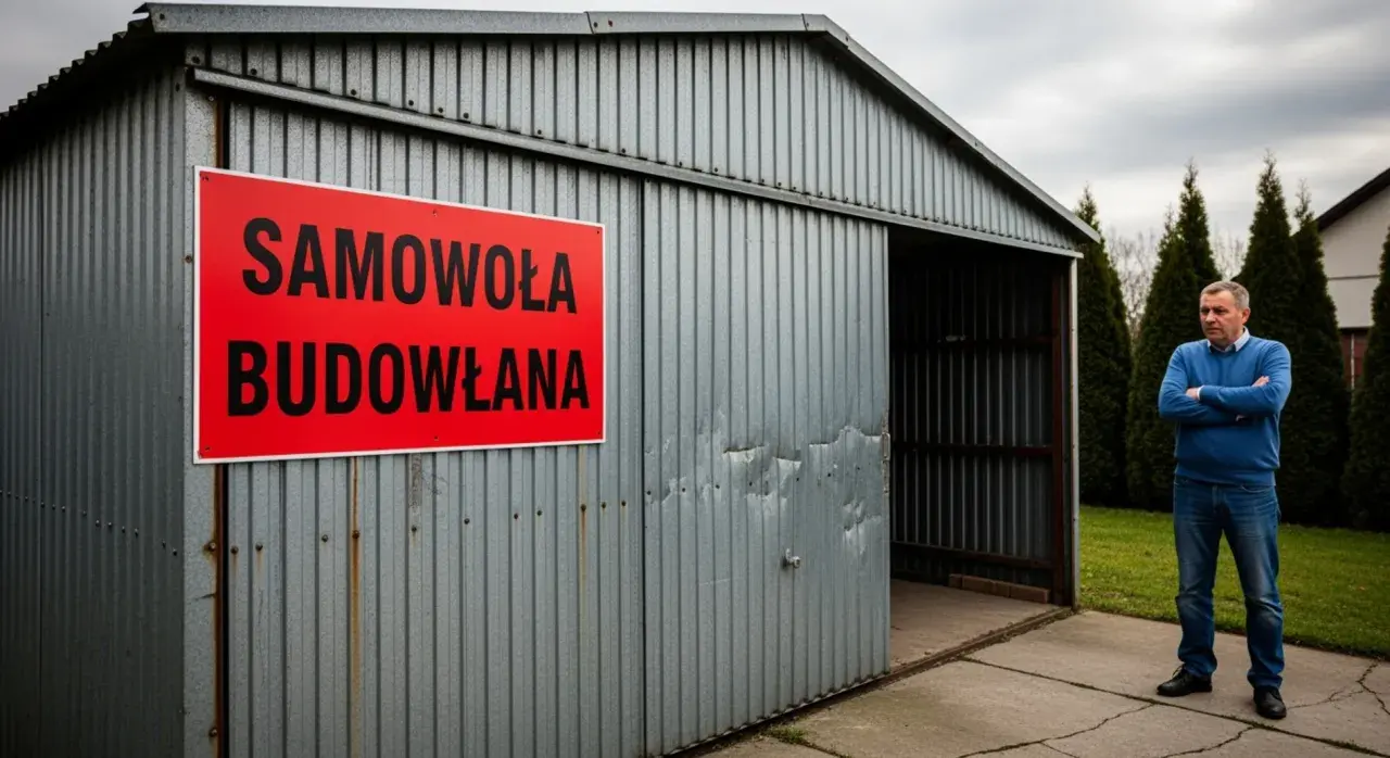 Mężczyzna stoi obok blaszaka z napisem "Samowola budowlana". Kara za postawienie go bez zgłoszenia jest widoczna na jego zmartwionej twarzy.