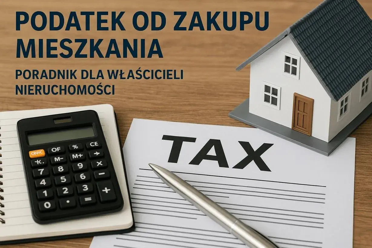 Model domu, kalkulator i dokument "TAX" symbolizują podatek od zakupu nieruchomości. Poradnik dla właścicieli.