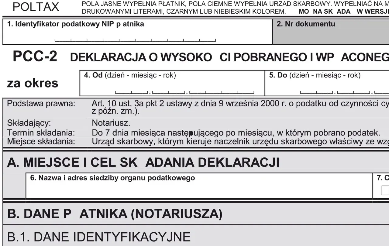 Deklaracja PCC-2 o wysokości pobranego podatku od czynności cywilnoprawnych. Formularz wypełnia notariusz.
